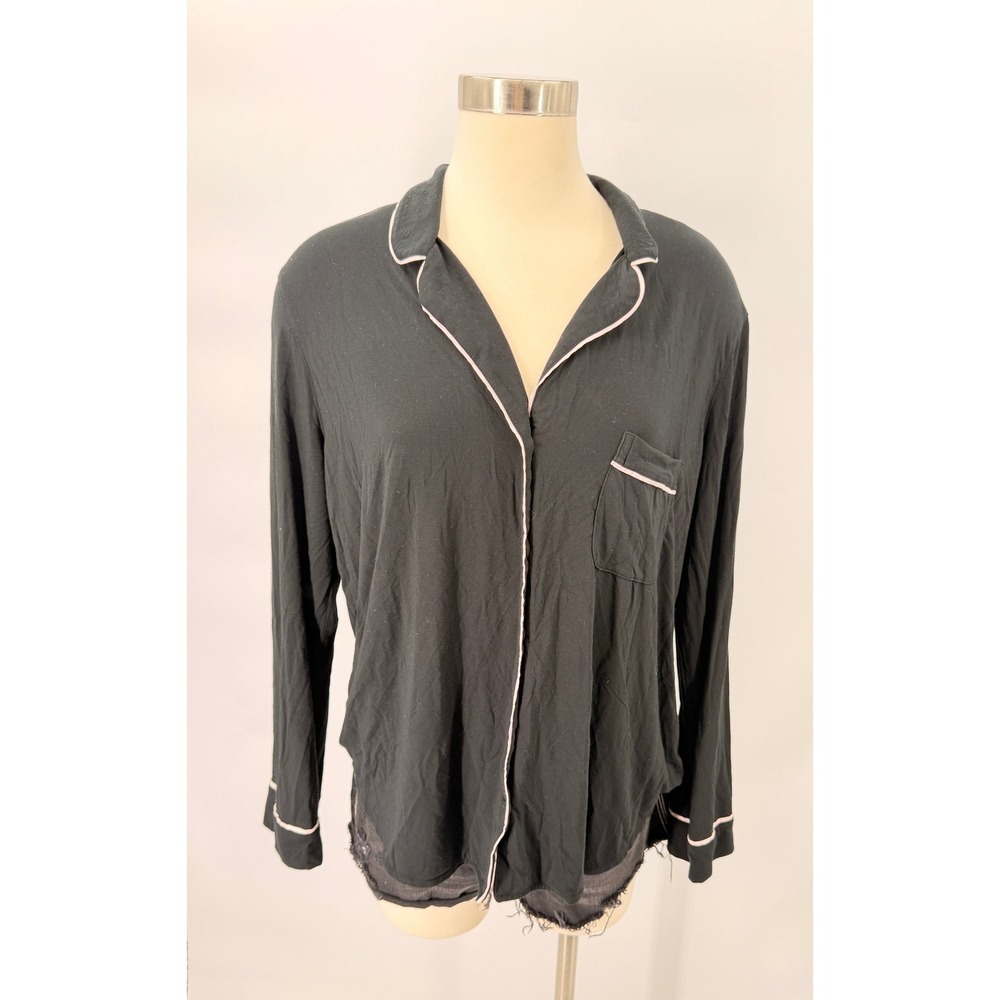 Victoria's Secret Pajama Top Womens L Black Pink Piping Modal Sleep Shirt